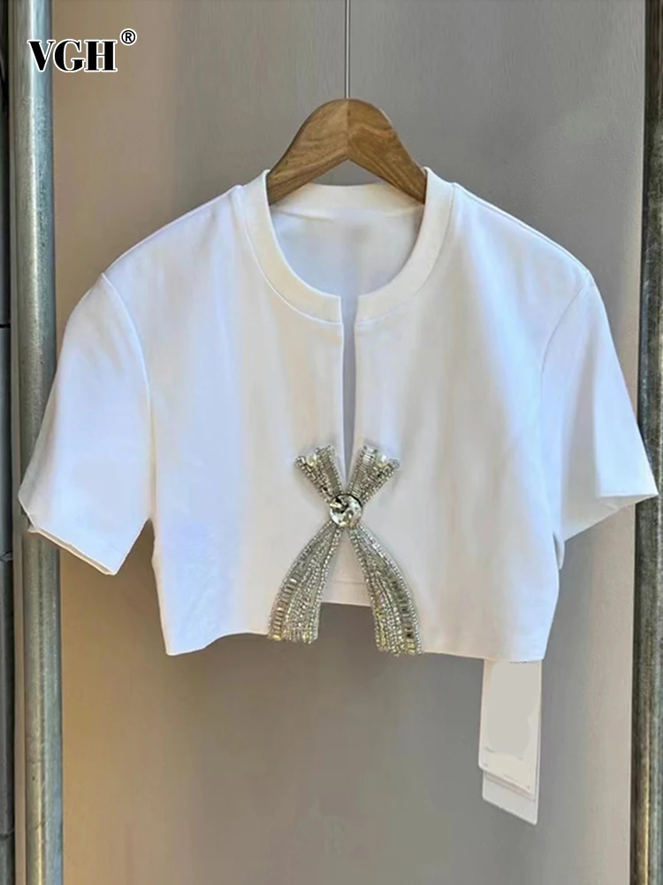 VGH Однотонная лоскутная футболка с разрезом в виде бриллиантов для женщин, круглый вырез, короткий рукав, Минималистичные футболки для похудения, Женский модный стиль