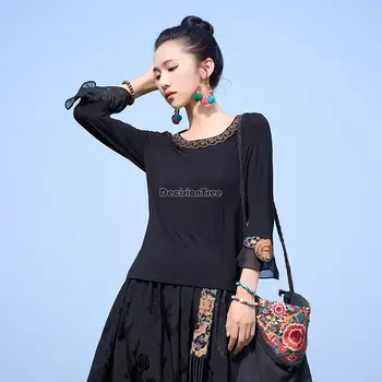 2023 новая женская базовая рубашка с круглым вырезом в китайском этническом стиле в ретро-стиле, вышитая хлопковая элегантная блузка с рукавом семь четвертей s725