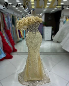 2024 Новое Золотое свадебное платье с 3D цветком, Блестящие Хрустальные платья для выпускного вечера для невесты, вечерние платья с открытыми плечами в стиле русалки на заказ