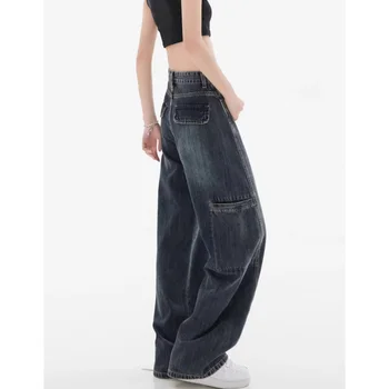 2024 Синие джинсы для женщин Высокого качества с высокой талией Американские уличные широкие брюки оверсайз Y2K винтажные прямые весенние брюки