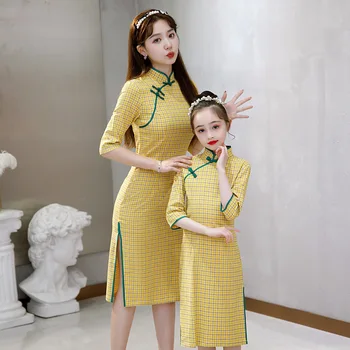 3 цвета Чонсам для женщин и девочек, китайские традиционные платья в клетку, летняя одежда для родителей