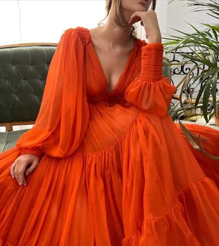 ANGELSBRIDEP, Элегантные платья для выпускного вечера с пышными длинными рукавами, Оранжевое Шифоновое платье трапециевидной формы с V-образным вырезом, простые вечерние платья знаменитостей