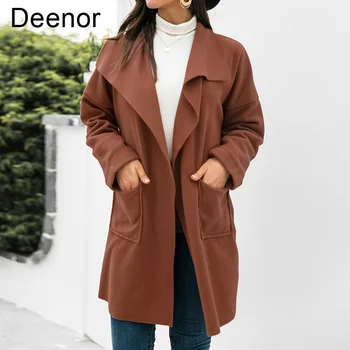 Deenor Офисные женские свободные топы, длинные пальто, осень-зима 2021, модное однотонное женское пальто, шерстяное теплое пальто средней длины, пальто