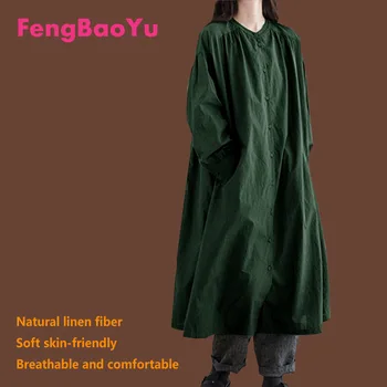 Fengbaoyu Льняная Весенне-осенняя Женская Длинная рубашка С открытой юбкой С длинными рукавами, Свободная Черная Темпераментная Женская одежда с круглым вырезом