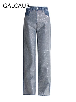 GALCAUR Лоскутные бриллианты, модные женские джинсовые брюки с высокой талией и карманами, уличная одежда, повседневные шикарные брюки, женские 2023 г.