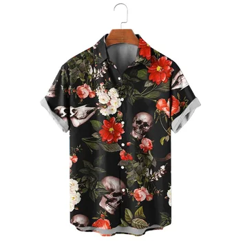 HX Модные мужские рубашки, повседневная рубашка с коротким рукавом и рисунком черепа с цветочным рисунком Гавайской Полинезии для мужчин, пляжная рубашка с рисунком графики