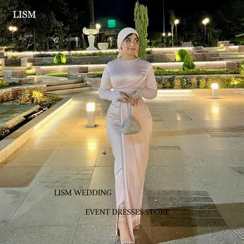 LISM 2024, скромные мусульманские Арабские женские вечерние платья, консервативные розовые бусы с круглым вырезом, хрустальные бриллиантовые Шелковые шифоновые платья для выпускного вечера
