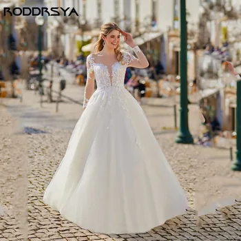 RODDRSYA Элегантное свадебное платье без спинки, С длинными рукавами, трапециевидной формы, с круглым вырезом, с аппликацией на пуговицах, Vestidos De Novia