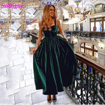 SoDigne Простые Зеленые Велюровые Вечерние платья для вечеринок Элегантные Короткие Платья для выпускного вечера Длиной до чая 2021 Платья для особых случаев Плюс Размер