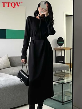 TTQV/ Элегантные черные женские платья с круглым вырезом, новинка 2023 года, модное женское платье с длинным рукавом и высокой талией, повседневное платье-стрейнт на шнуровке