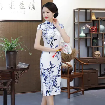 Yourqipao Летнее Сине-Белое Фарфоровое Двухслойное Модное Элегантное Платье Ципао в Китайском Традиционном Стиле из Фарфора Cheongsam для Женщин