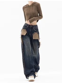 Американский уличный стиль, джинсовые брюки в стиле пэчворк с высокой талией, модные женские мешковатые джинсовые брюки Y2K 2023, женская одежда с широкими штанинами