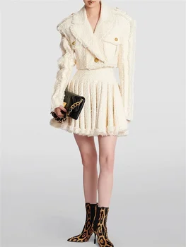 Бежевый твидовый женский костюм с юбкой, женский формальный блейзер, Короткое платье для выпускного вечера, Элегантная тонкая повседневная зимняя одежда, Офисная женская куртка, пальто