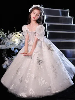 Белое кружевное детское платье с цветочным узором для девочек, тюлевые аппликации, длина принцессы в пол для свадебной вечеринки, платье для первого причастия.