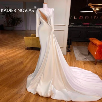Белые свадебные платья русалки с длинным рукавом и высоким воротом 2023, расшитые жемчугом, Robe De Mariee