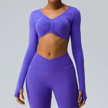 Бесшовные сексуальные рубашки для йоги, укороченный топ, рубашки с длинными рукавами Для женщин, одежда для занятий йогой, фитнесом, топы для тренировок, спортивная рубашка