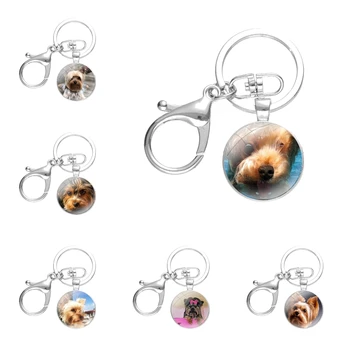 Брелки для собак Йоркширского терьера, стеклянные брелоки ручной работы, сплавы Кабошона, кольца для ключей, Мультяшный дизайн, Креативная мода