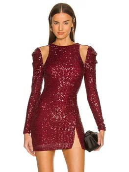 Весна 2022, женское модное Бордовое блестящее облегающее платье с блестками, мини-платье с длинным рукавом для знаменитостей, Вечернее платье для вечеринки в клубе