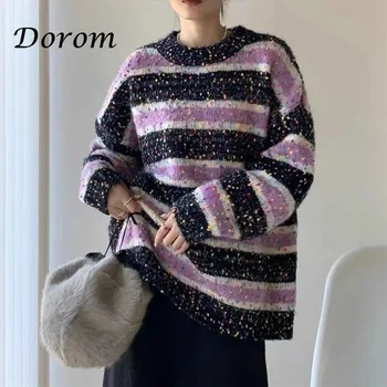 Винтажный Фиолетовый вязаный свитер в красочную полоску для женщин, осенний Корейский повседневный вязаный пуловер с круглым вырезом, Топы, Элегантный Свободный джемпер