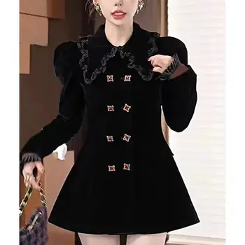 Двубортное приталенное черное бархатное пальто средней длины в стиле ретро с драгоценными пузырями, модная женская куртка для вечеринок 2024