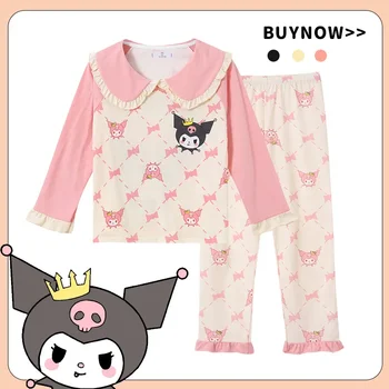 Детская пижама Sanrio Kuromi из 2 предметов, комплект с топом и брюками с длинными рукавами, Удобный комплект с рисунком Cinnamoroll, Одежда для отдыха для девочек