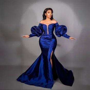 длинные рукава, синие вечерние платья русалки, расшитые бисером платья для выпускного вечера из тафты, вечерние платья для второго приема, арабское aso ebi royal