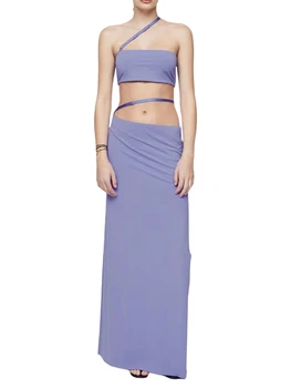 Женская летняя одежда из 2 предметов, однотонные облегающие топы и длинная юбка с высоким разрезом