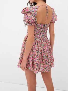 Женские летние мини-платья для вечеринок с коротким рукавом, V-образным вырезом, цветочным принтом, на завязках