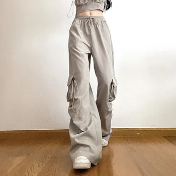 Женские модные свободные брюки-карго в стиле гранж, женские однотонные длинные брюки с рюшами и карманами, уличная одежда