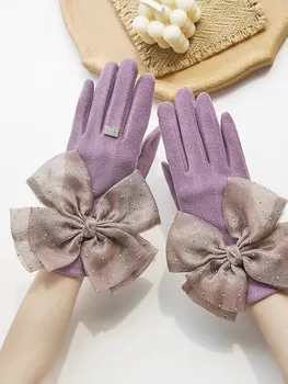 Женские элегантные сетчатые перчатки с бантом, весна-осень, утепленные теплые перчатки, женские зимние бархатные перчатки для вождения на вечеринке, R2563