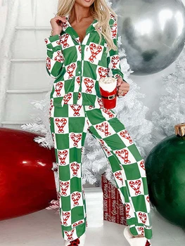 Женский Рождественский пижамный комплект Пижама в клетку с принтом, пижамный комплект с длинным рукавом и пуговицами, эластичные манжеты, теплая пижама для женщин
