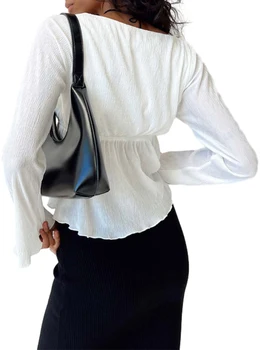 Женский укороченный топ из прозрачной сетки и кружева с длинным рукавом, сексуальная приталенная блузка с глубоким вырезом, прозрачная клубная одежда