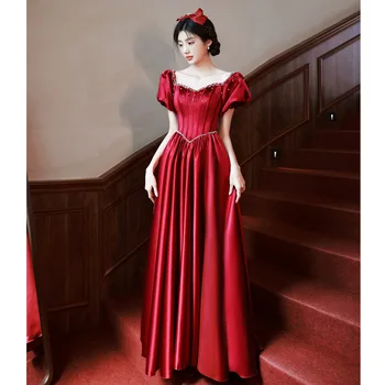 Женское новое вечернее платье из атласа с пышными рукавами, свадебное винно-красное платье Escaping Princess Luxury Sense, длинные платья с возвращением помолвки