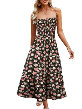 Женское платье макси без рукавов с V-образным вырезом, элегантное платье-качель трапециевидной формы с цветочным принтом для летней свадебной вечеринки