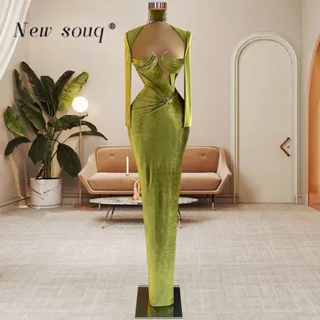 Зеленые бархатные вечерние платья с длинными рукавами и высоким воротом, сексуальные платья с вырезом 