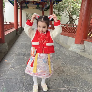 Зимняя женская новогодняя одежда для девочек в стиле Хань, зимняя бархатная утепленная детская одежда для китайского Нового года, зимний стиль