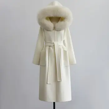 Зимняя мода Sakura 2023, Новое Элегантное Шерстяное пальто средней длины на шнуровке с меховым воротником и капюшоном, Двустороннее Шерстяное пальто средней длины