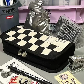 Кавайный пенал в шахматном порядке, холщовая сумка для ручек, Модная Канцелярская коробка, Школьные принадлежности для девочек