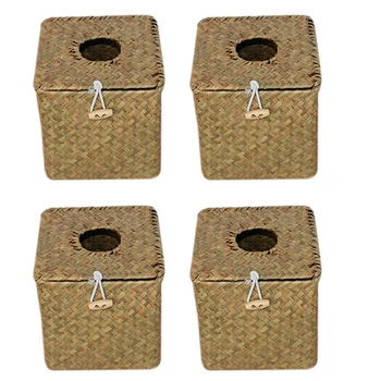 Квадратная коробка для салфеток для лица из морской травы, 4 упаковки - Декоративный тканый бумажный держатель, Диспенсер для салфеток - Соломенная крышка коробки для салфеток