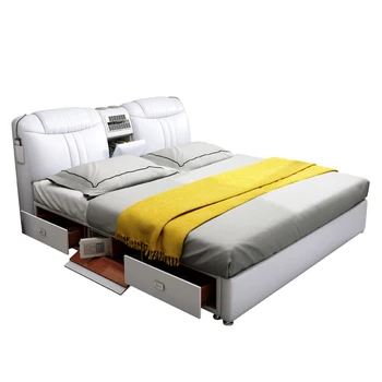 Кожаная кровать, умный массаж, главная спальня, двуспальная кровать, современное и простое хранилище