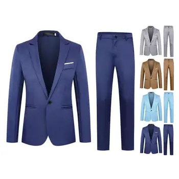 Комплект мужских брюк, Стильный мужской костюм из 2 предметов, Приталенные брюки с лацканами для Весенне-осеннего делового Наряда с карманами с длинными рукавами