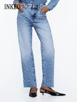 Корейские джинсы с жемчужными бусинами, женские джинсовые брюки с высокой талией, высокое качество, весна-лето 2024, брюки с прямыми штанинами, мода INKEO 3B027