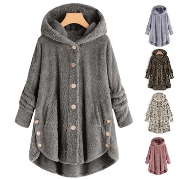 Модное женское пальто, осенне-зимний открытый топ, однотонный плюшевый капюшон, свободный и теплый синтетический мех, пальто на пуговицах