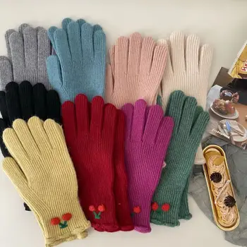 Модные Толстые вязаные перчатки в корейском стиле, Эластичные варежки с сенсорным экраном Сладкого цвета, зимние Теплые грелки для рук с полным пальцем