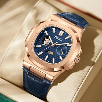 Мужские деловые полые механические часы ONOLA, высококачественные водонепроницаемые кожаные часы, мужские часы