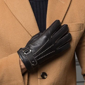 Мужские кожаные перчатки Высокого качества Мужские Короткие Классического дизайна Черные Перчатки для вождения автомобиля Gym Luvas для зимы Мужские Бархатные Теплые Варежки