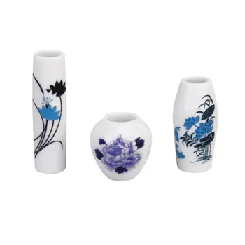 Набор из 3шт миниатюрных пластиковых ваз для цветов в виде кукольного домика --- С цветочным рисунком синего цвета
