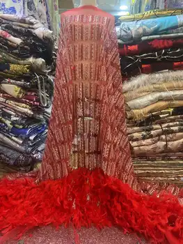 Новейшая роскошная элегантная Африканская кружевная ткань из перьев, вышивка пайетками, бисером, Нигерийское тюлевое кружево для свадебной вечеринки