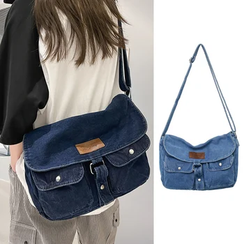 Новые тенденции 2023 года Джинсовые сумки через плечо для женщин, сумка через плечо с несколькими карманами, студенческая повседневная сумка-мессенджер, сумки большой вместимости.