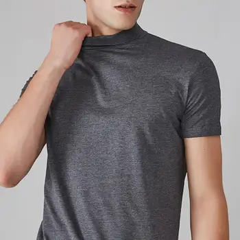 Однотонная тренировочная футболка, приталенная мужская футболка с высоким воротником, стильная летняя футболка из эластичной тонкой ткани, повседневный короткий рукав